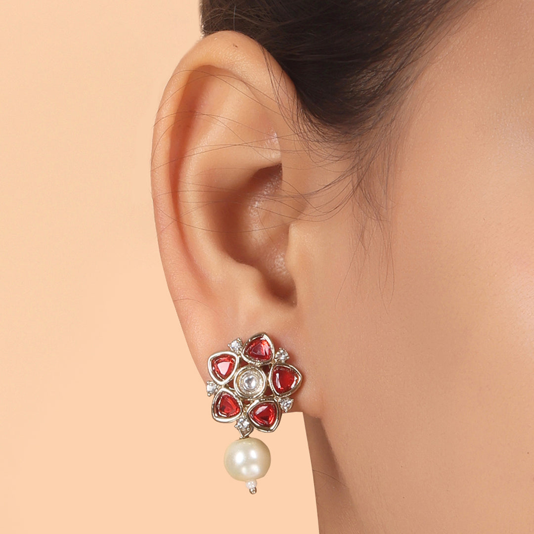 Polki Floral Stud Earrings with Pearl Drop - Red