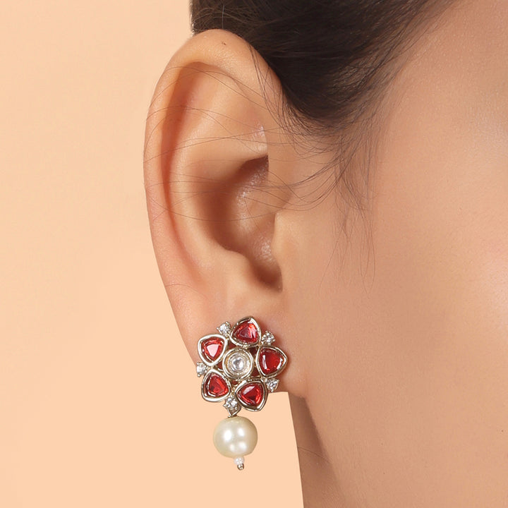 Polki Floral Stud Earrings with Pearl Drop - Red
