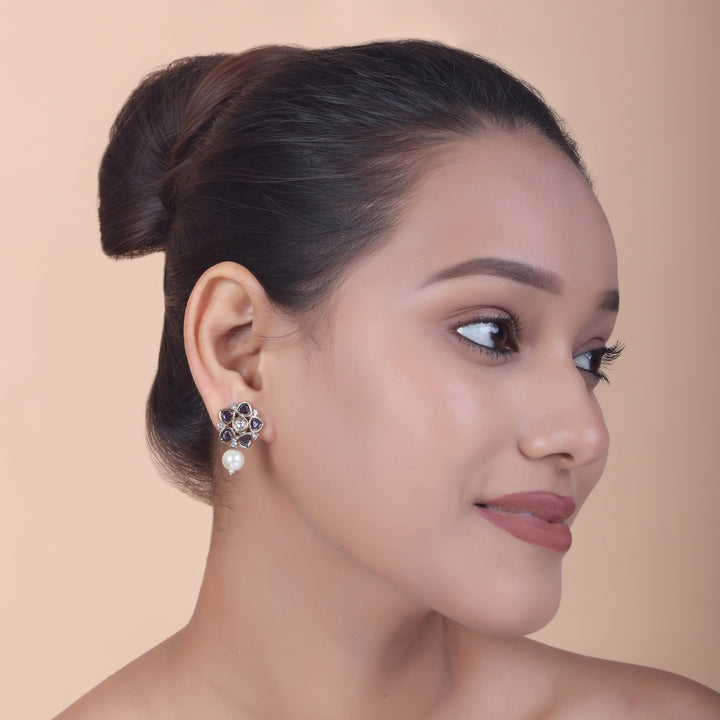 Polki Floral Stud Earrings with Pearl Drop - Violet