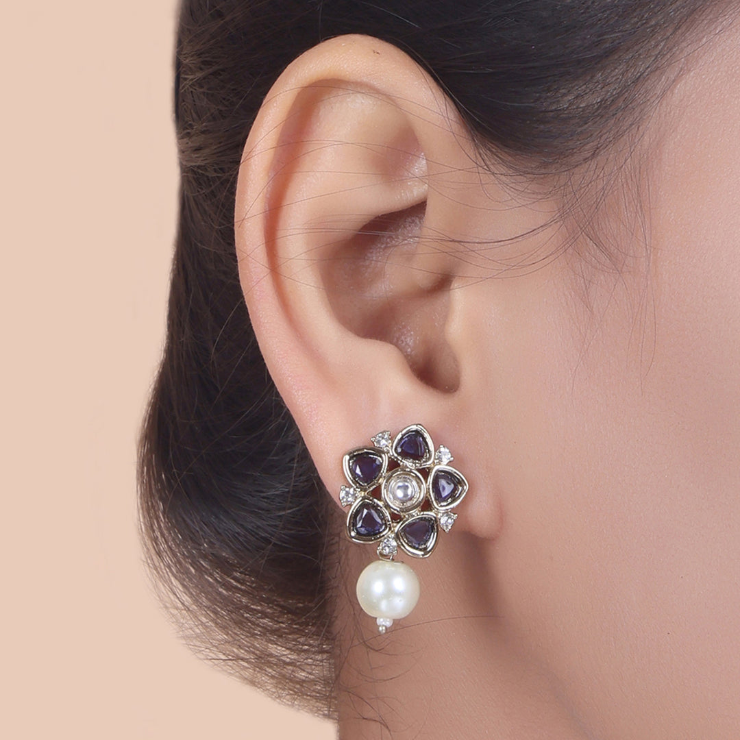 Polki Floral Stud Earrings with Pearl Drop - Violet