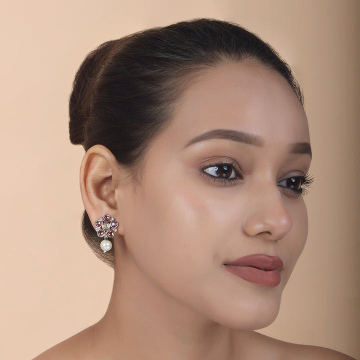 Polki Floral Stud Earrings with Pearl Drop - Pink