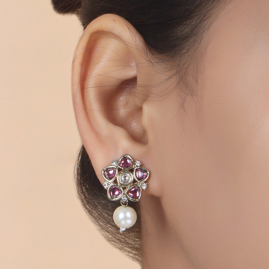 Polki Floral Stud Earrings with Pearl Drop - Pink