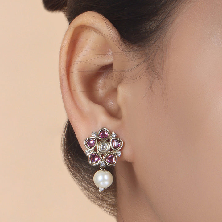 Polki Floral Stud Earrings with Pearl Drop - Pink