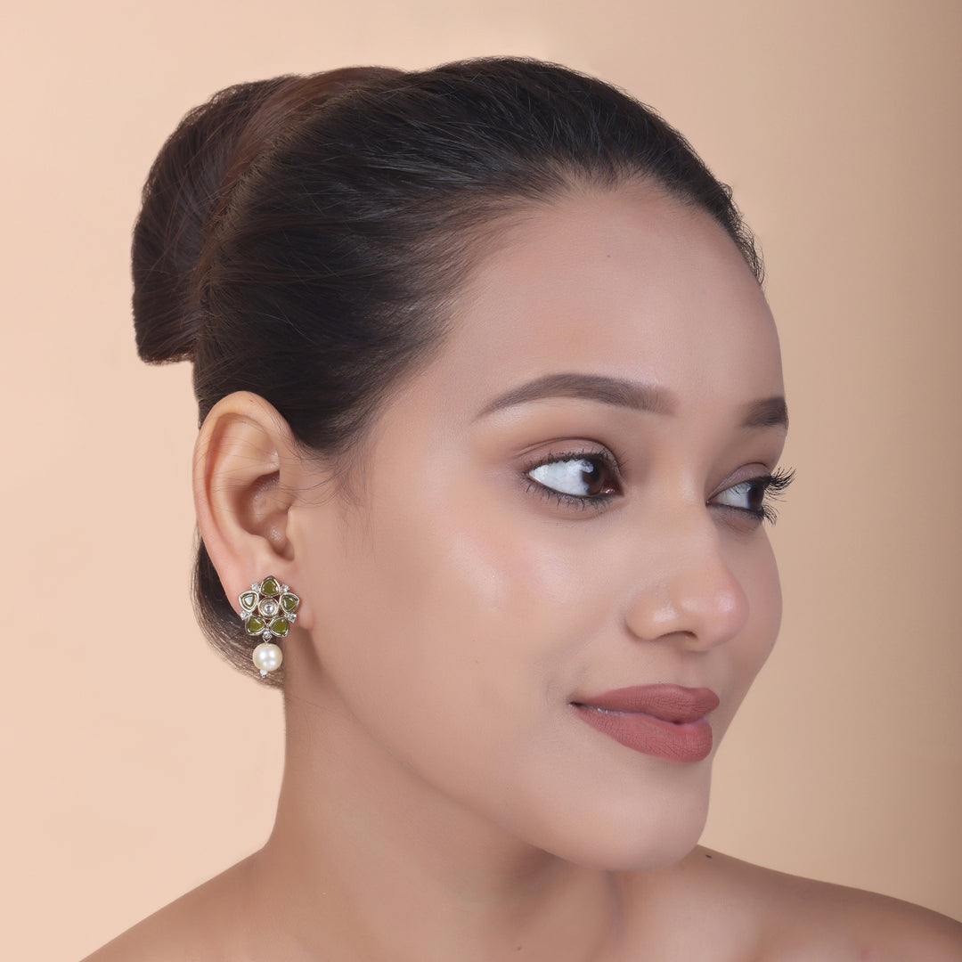 Polki Floral Stud Earrings with Pearl Drop - Olive Green