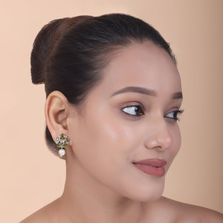 Polki Floral Stud Earrings with Pearl Drop - Olive Green