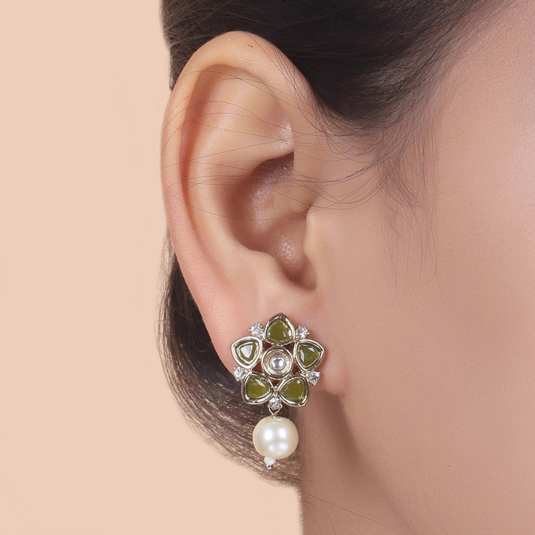 Polki Floral Stud Earrings with Pearl Drop - Olive Green