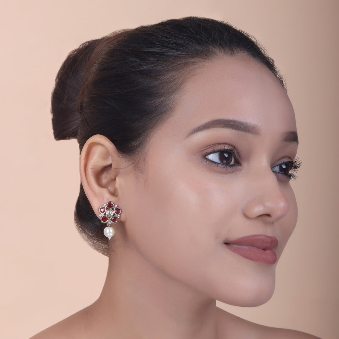 Polki Floral Stud Earrings with Pearl Drop - Ruby Red