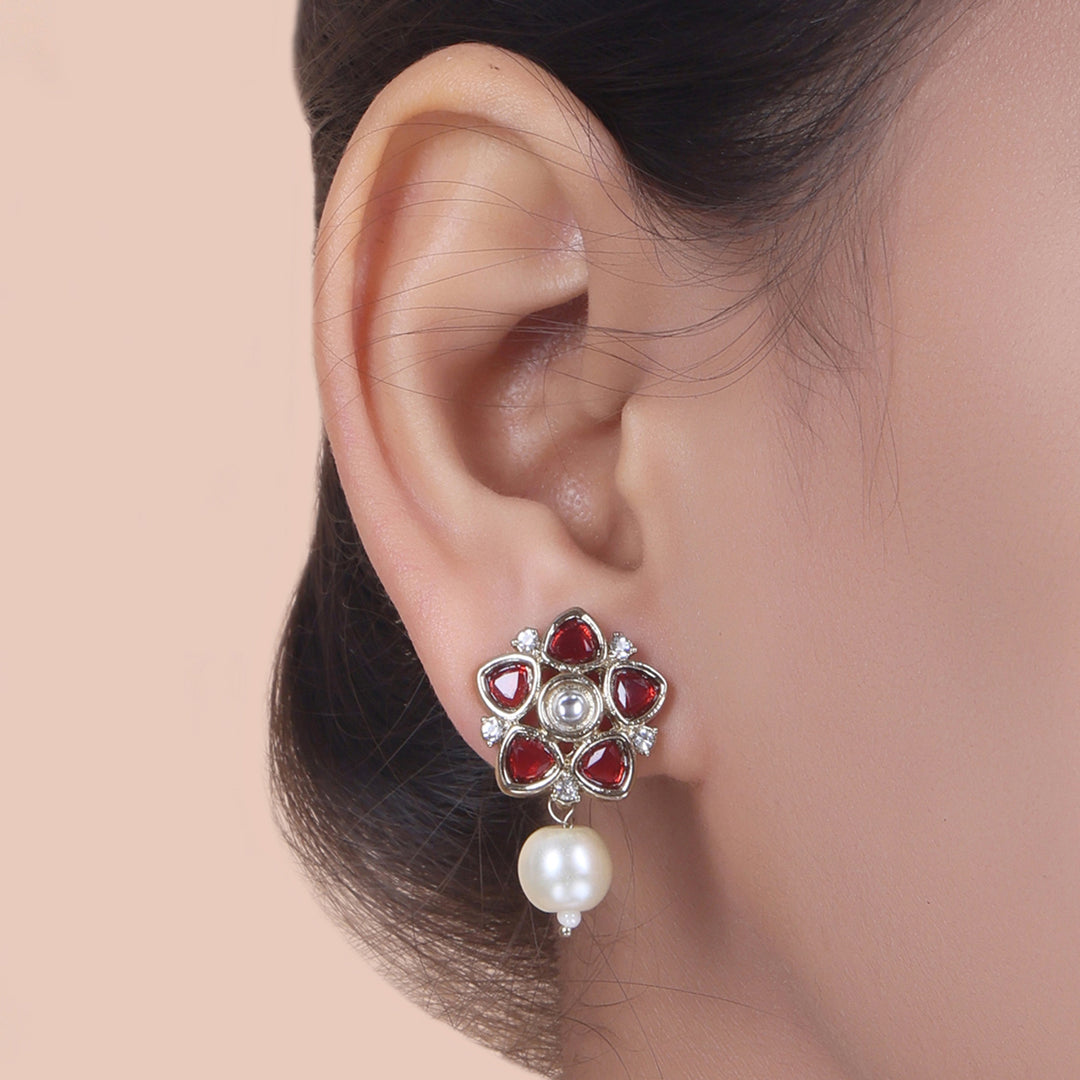 Polki Floral Stud Earrings with Pearl Drop - Ruby Red