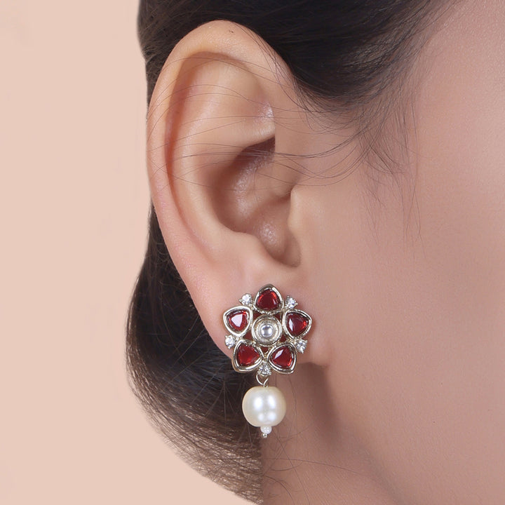 Polki Floral Stud Earrings with Pearl Drop - Ruby Red