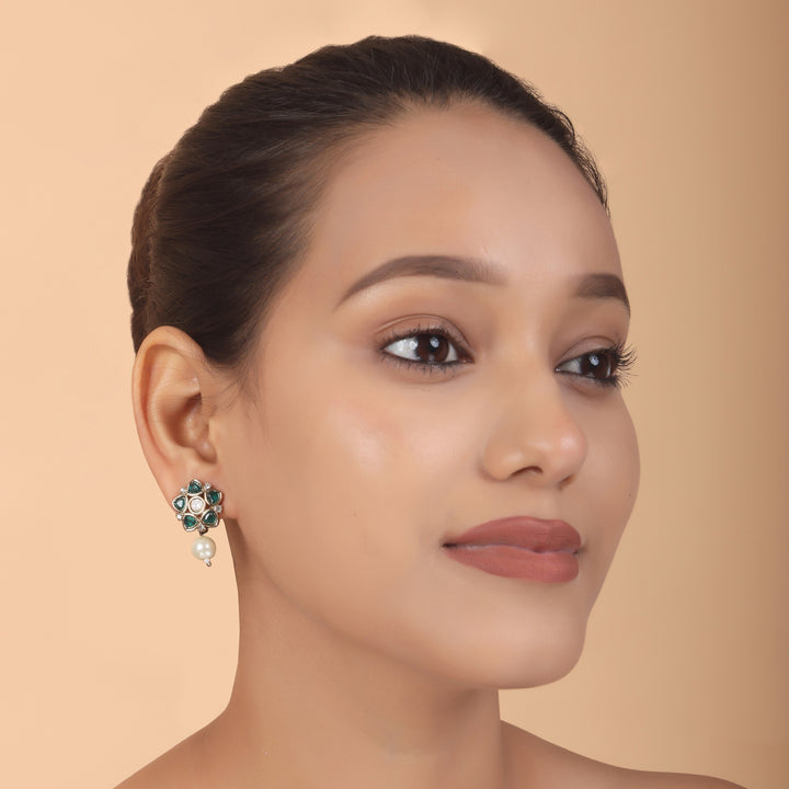 Polki Floral Stud Earrings with Pearl Drop - Dark Green