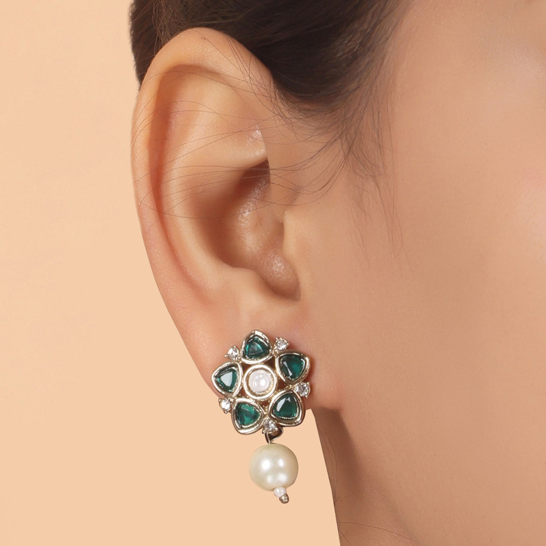 Polki Floral Stud Earrings with Pearl Drop - Dark Green