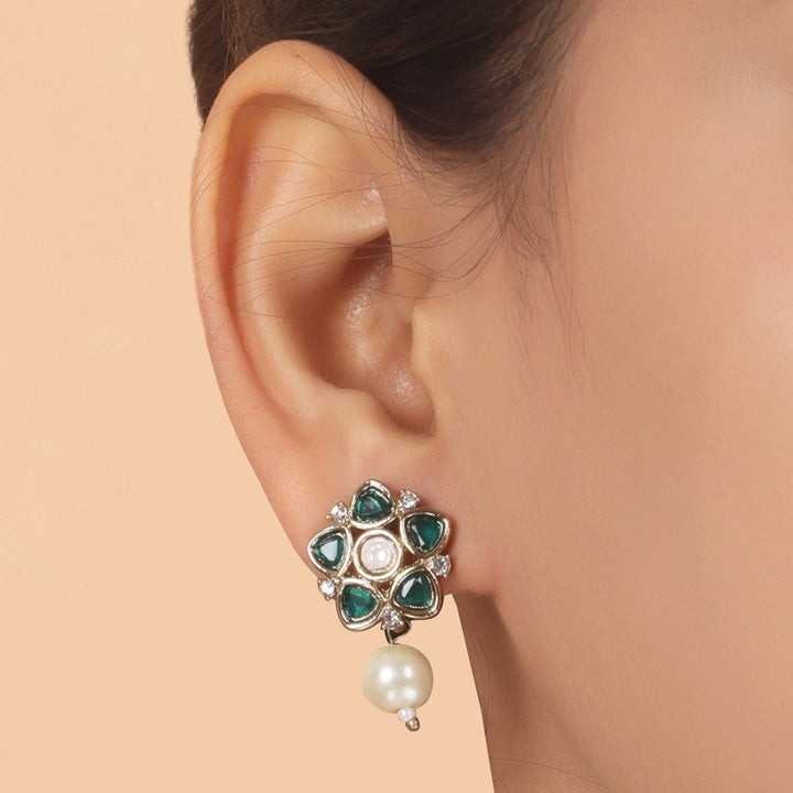 Polki Floral Stud Earrings with Pearl Drop - Dark Green