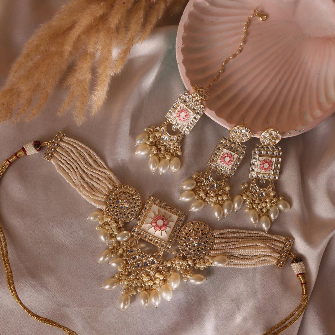 Regal Kundan Meena Necklace & Earrings Set with white Beads – Exquisite Indian Bridal Jewellery