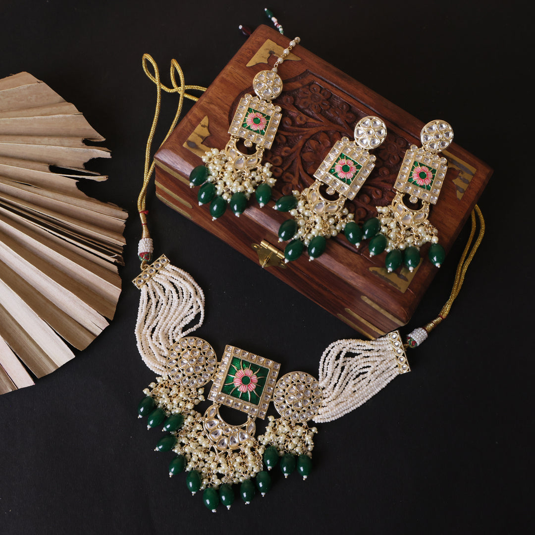 Regal Kundan Meena Necklace & Earrings Set with Green Beads – Exquisite Indian Bridal Jewellery