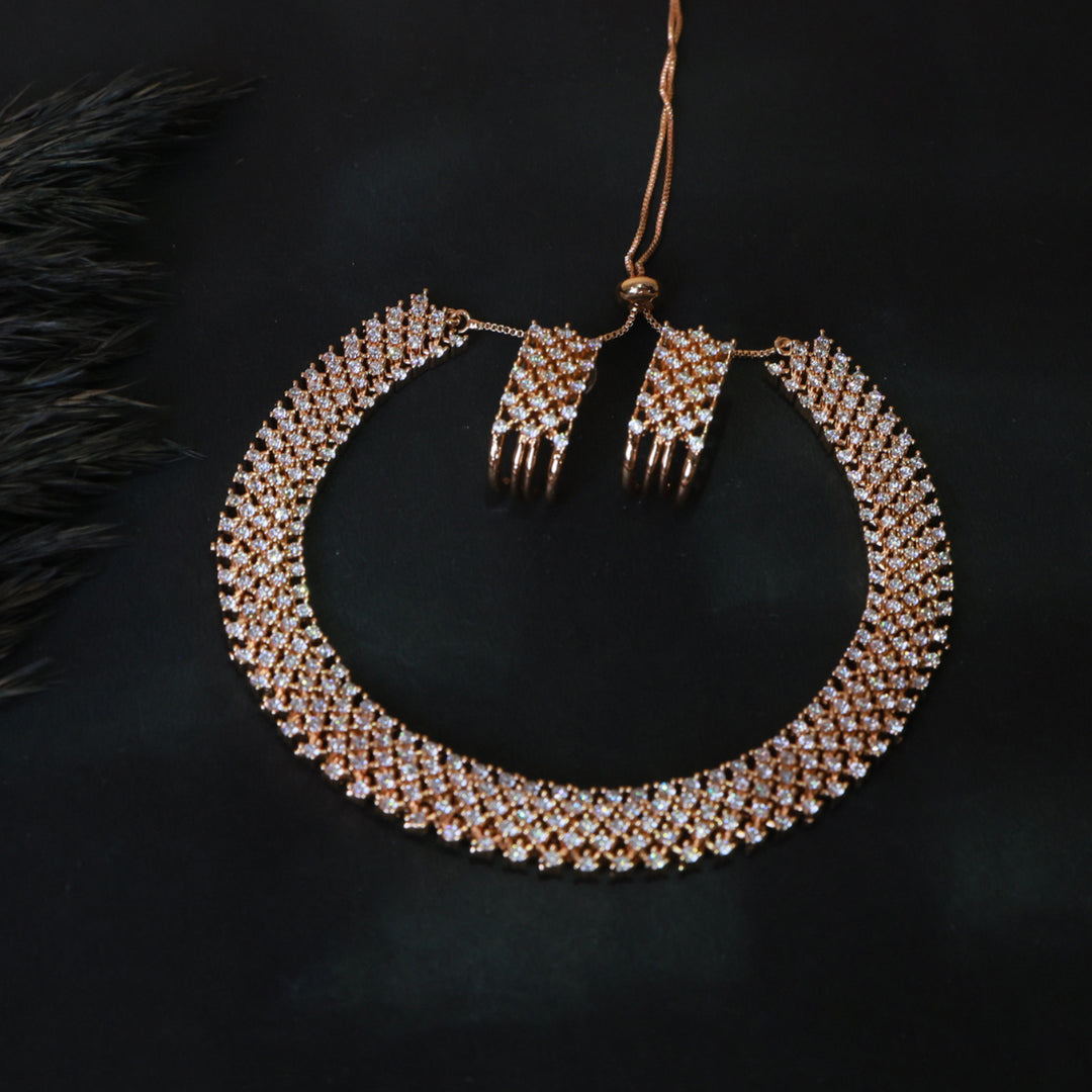 Rose Gold Crystal Mesh Choker Necklace Set
