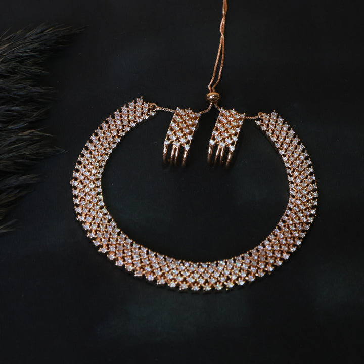 Rose Gold Crystal Mesh Choker Necklace Set