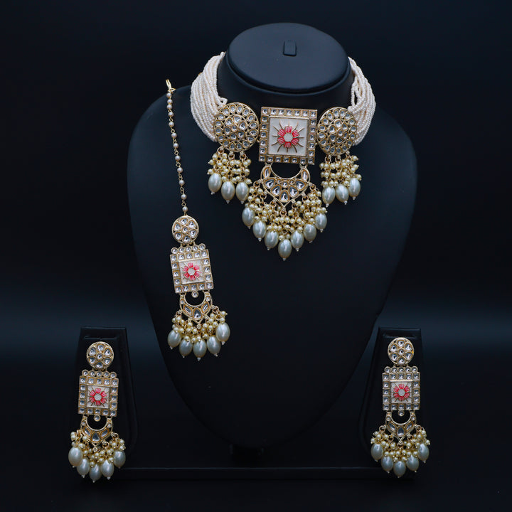 Regal Kundan Meena Necklace & Earrings Set with white Beads – Exquisite Indian Bridal Jewellery