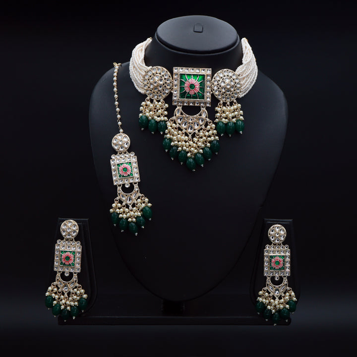 Regal Kundan Meena Necklace & Earrings Set with Green Beads – Exquisite Indian Bridal Jewellery