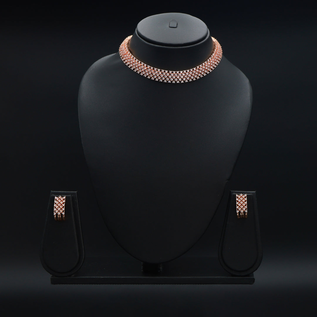 Rose Gold Crystal Mesh Choker Necklace Set