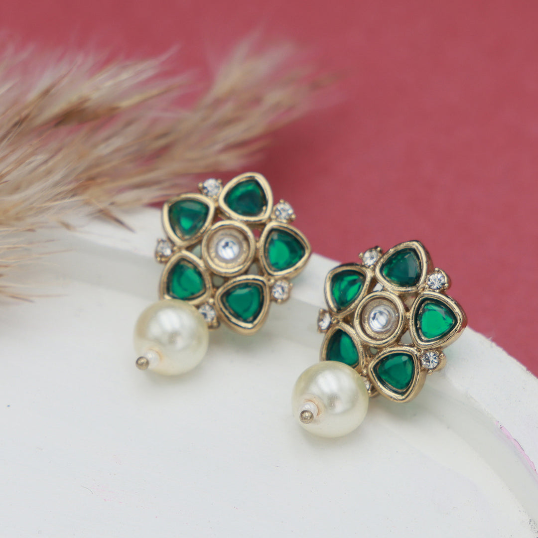 Polki Floral Stud Earrings with Pearl Drop - Dark Green