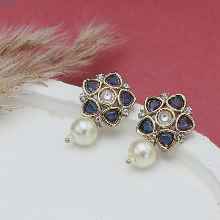 Polki Floral Stud Earrings with Pearl Drop - Violet