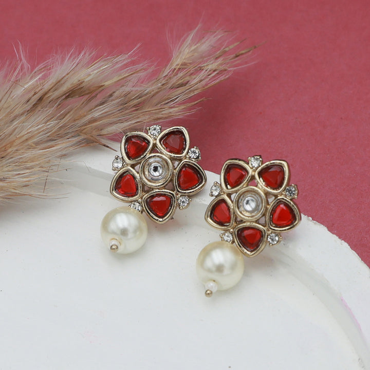 Polki Floral Stud Earrings with Pearl Drop - Ruby Red