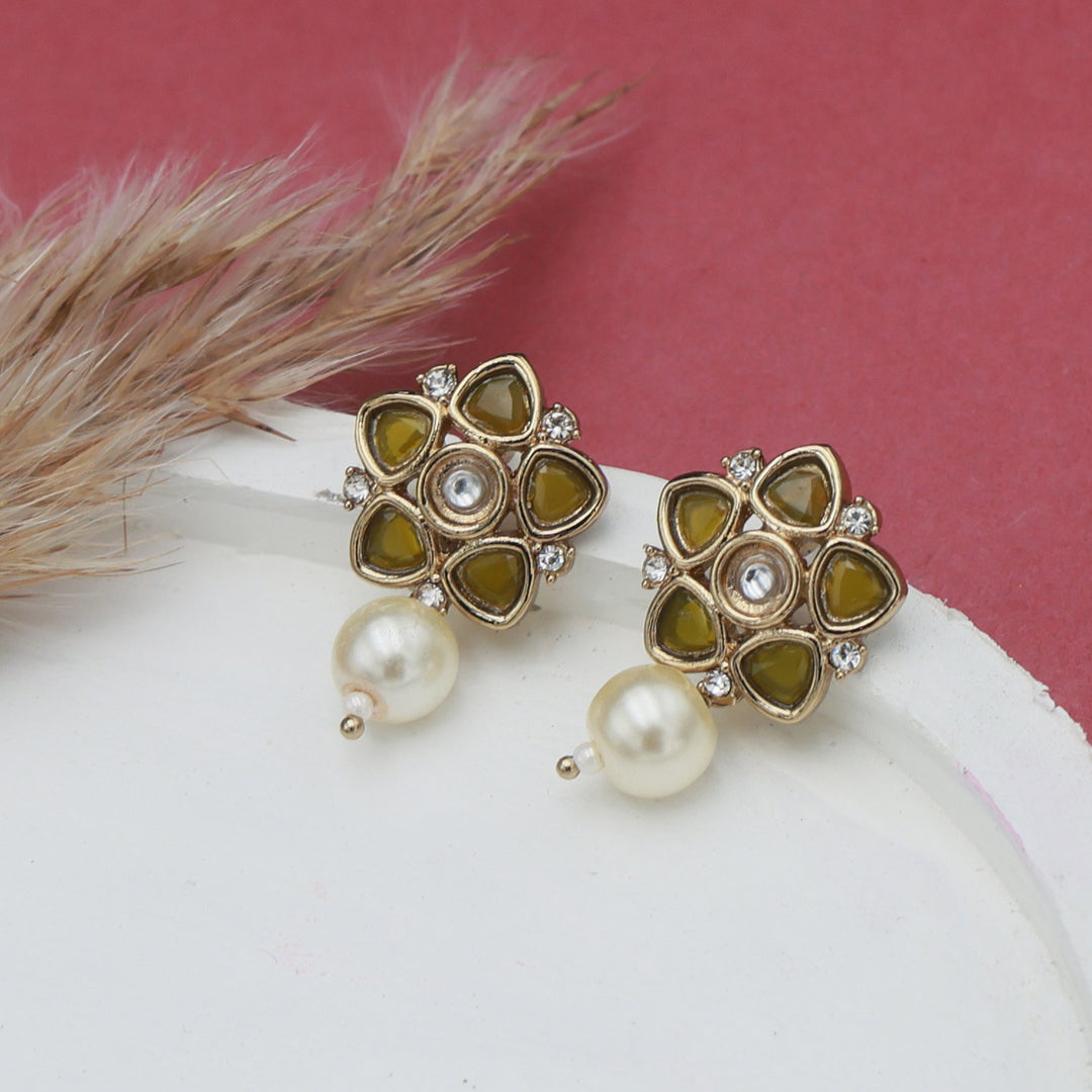 Polki Floral Stud Earrings with Pearl Drop - Olive Green