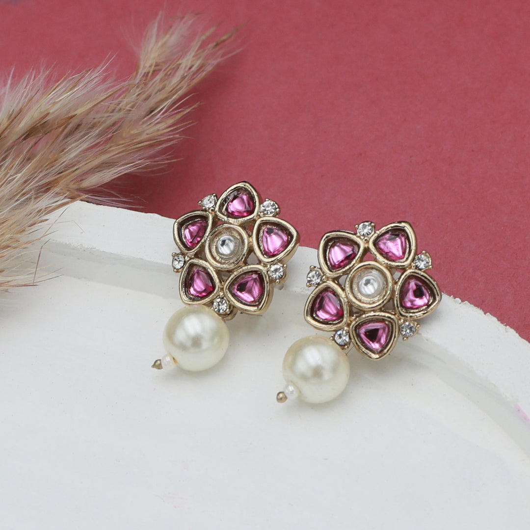 Polki Floral Stud Earrings with Pearl Drop - Pink