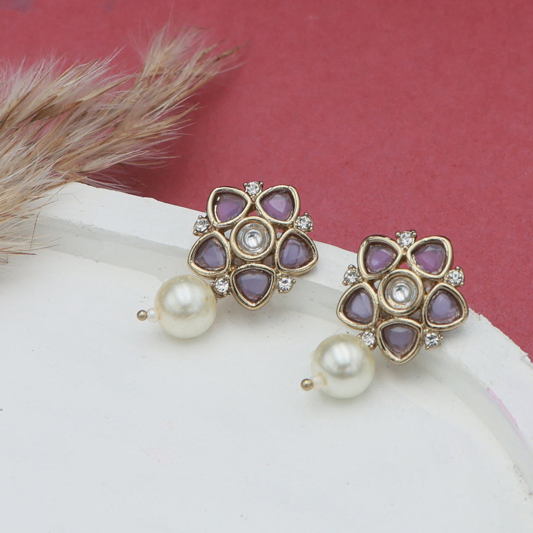 Polki Floral Stud Earrings with Pearl Drop - Lavender