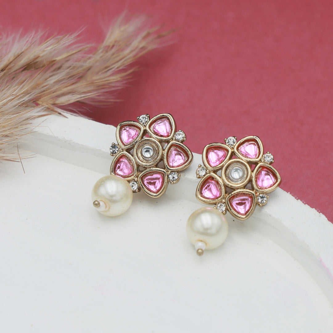 Polki Floral Stud Earrings with Pearl Drop - Baby Pink
