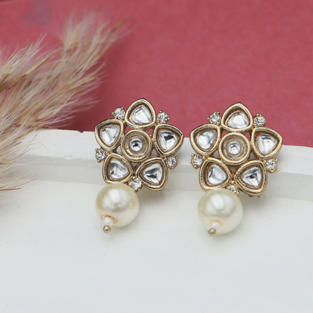 Polki Floral Stud Earrings with Pearl Drop - White