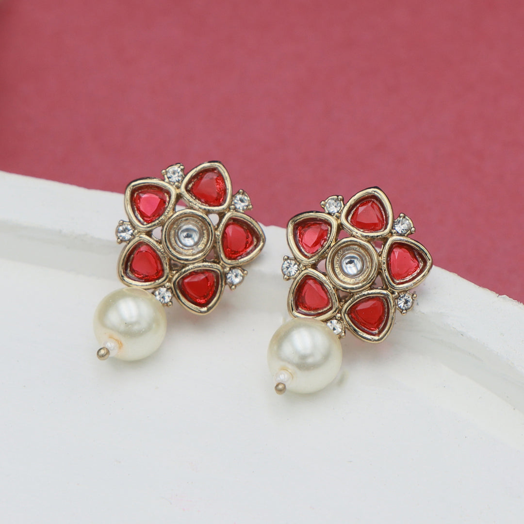 Polki Floral Stud Earrings with Pearl Drop - Red