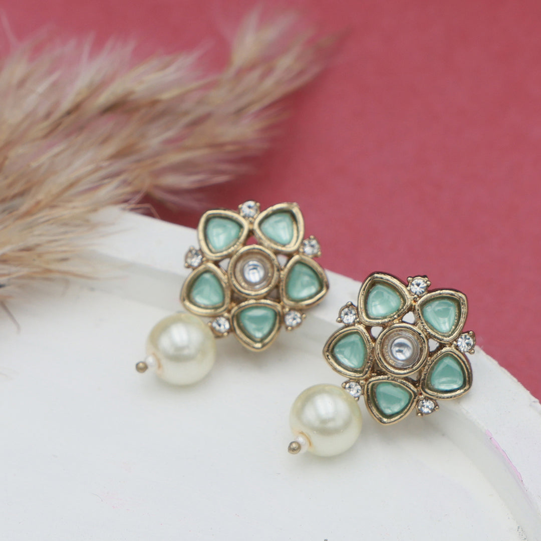 Polki Floral Stud Earrings with Pearl Drop - Mint Green