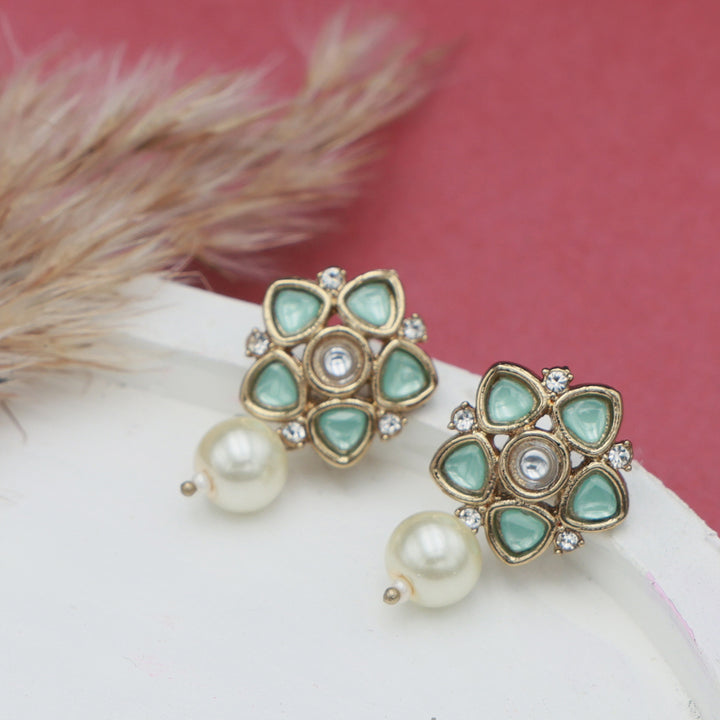 Polki Floral Stud Earrings with Pearl Drop - Mint Green