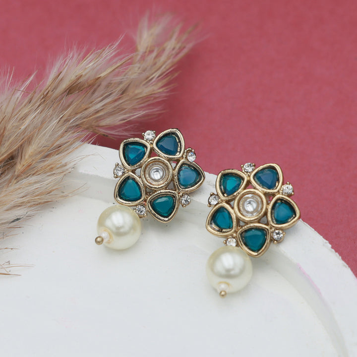 Polki Floral Stud Earrings with Pearl Drop - Sky Blue