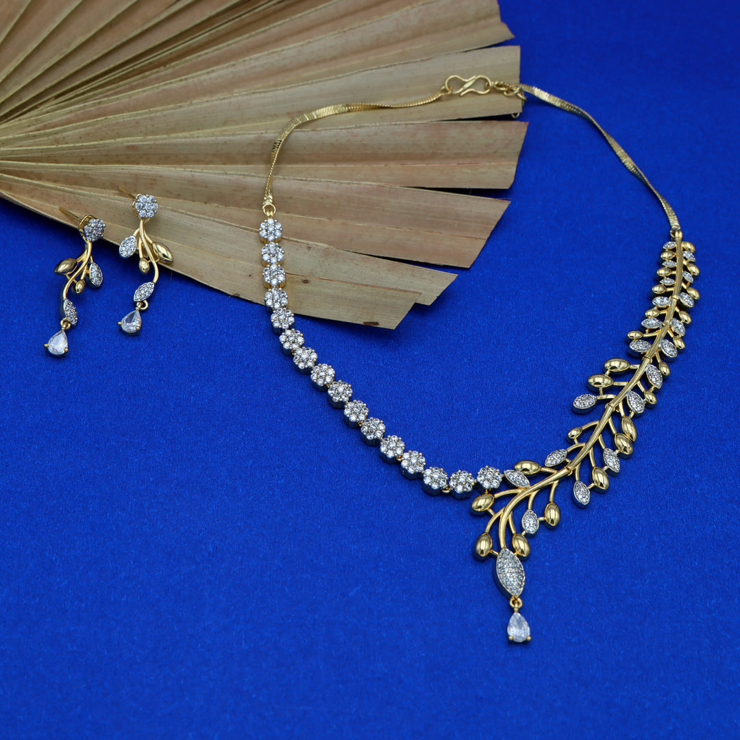 Golden Bloom Asymmetrical CZ Necklace & Earrings Set