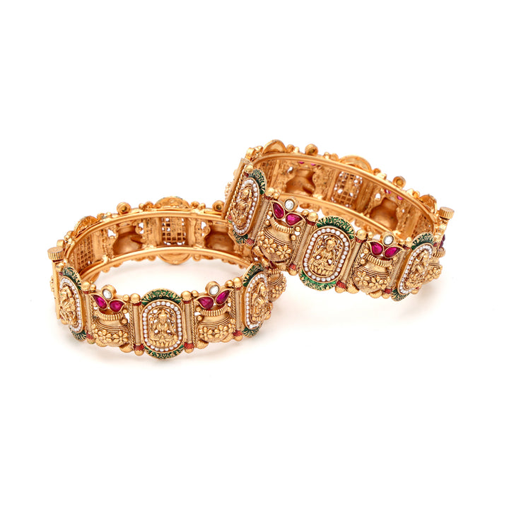 Polki Temple Kada Set with Ruby & Emerald Detailing