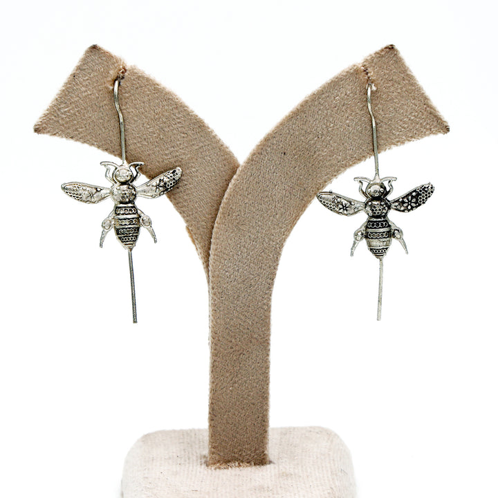Silver Bee Motif Long Drop Earrings