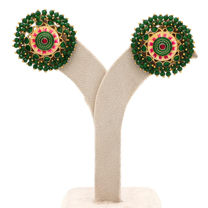 Green Meenakari Lotus Stud Earrings