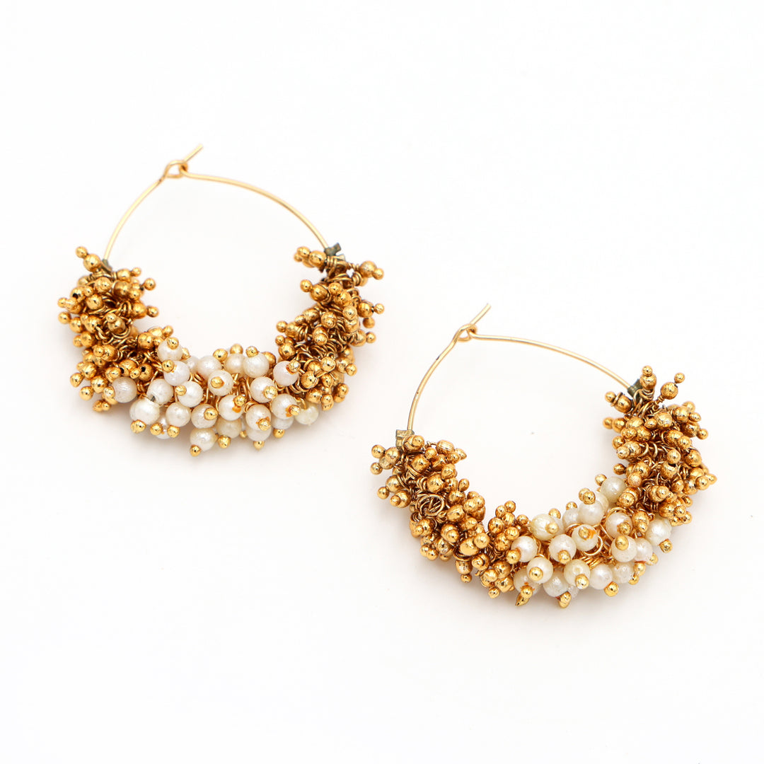 Golden & Pearl Cluster Hoop Earrings