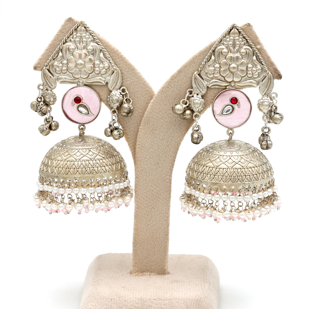 Silver Oxidised Dome Jhumka Earrings with Pearl Drops