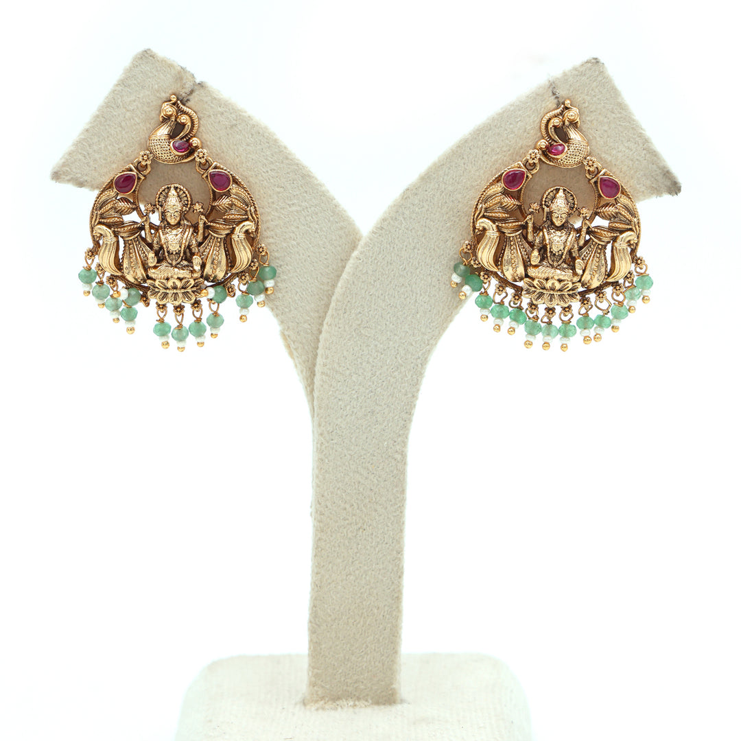 Temple Goddess Motif Earrings with Green Beads