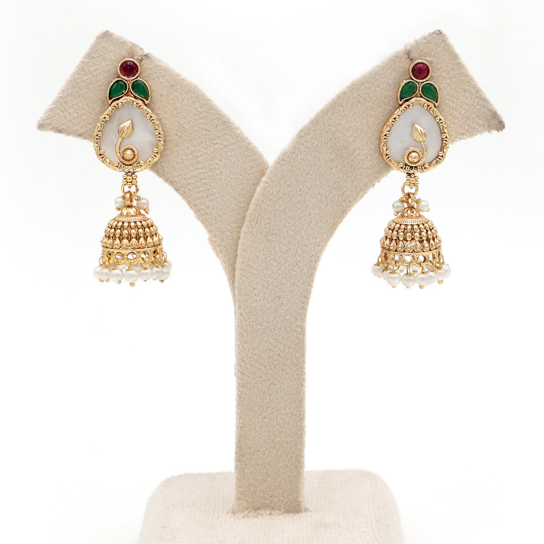 Pearl Drop Polki Jhumka with Red-Green Accents
