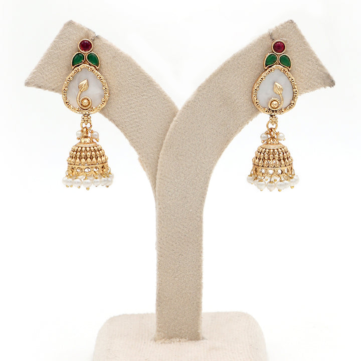 Pearl Drop Polki Jhumka with Red-Green Accents