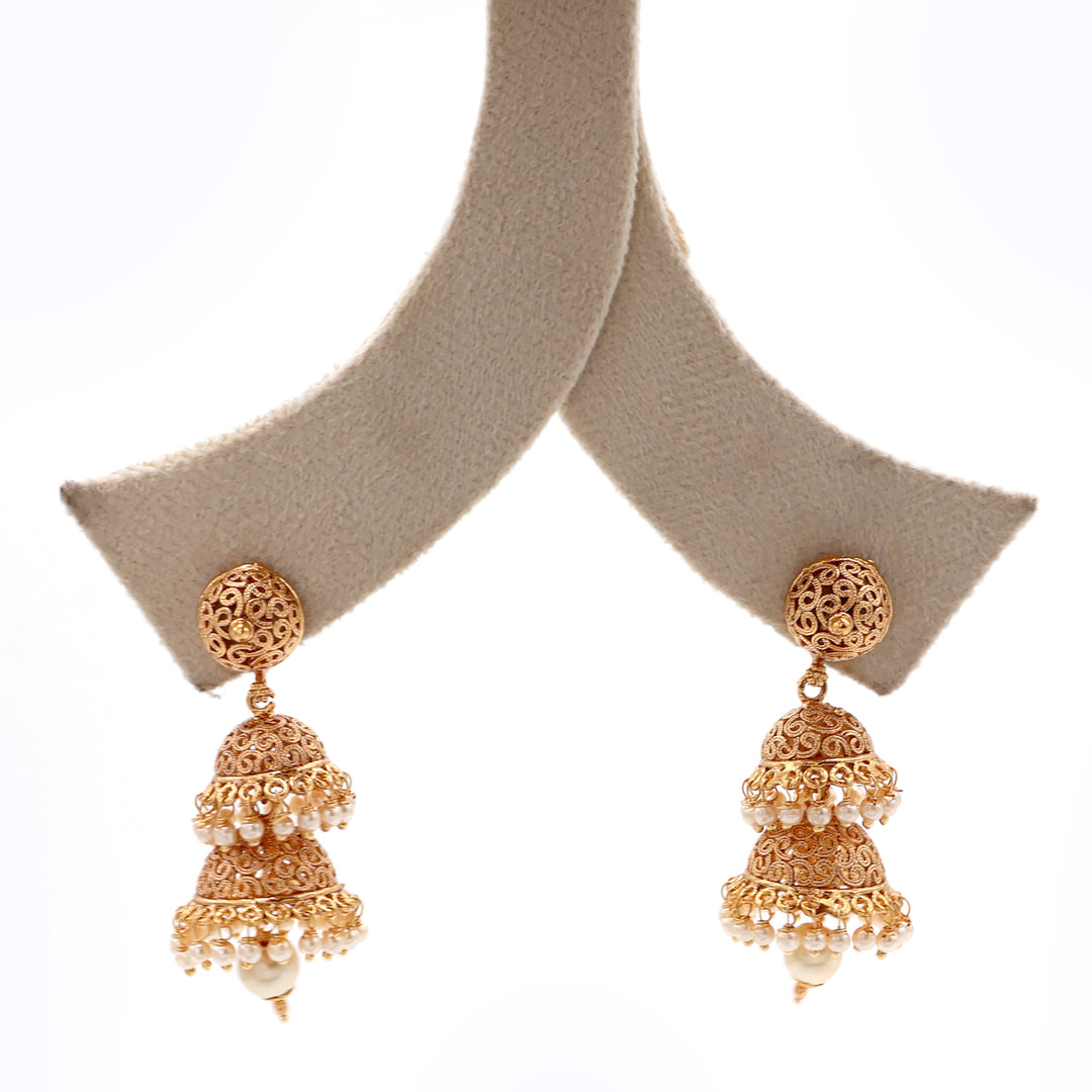 Triple Dome Filigree Jhumka - Moti