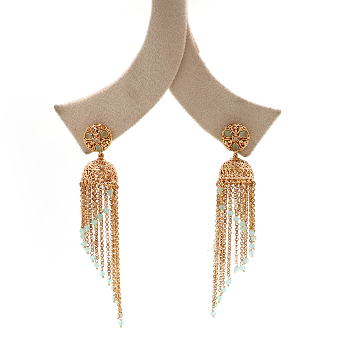 Gold Tassel Dome Earrings with Mint Beads