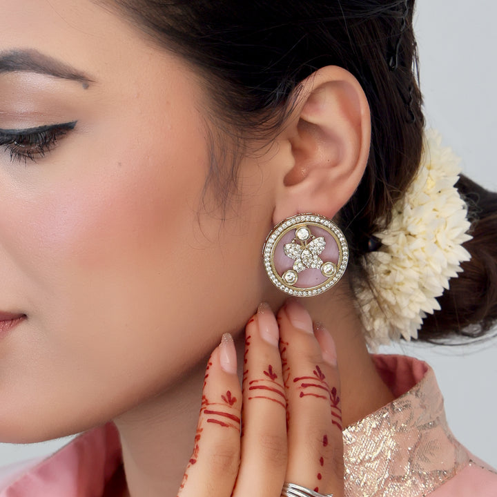 Enamel Floral Stud Earrings - Pink