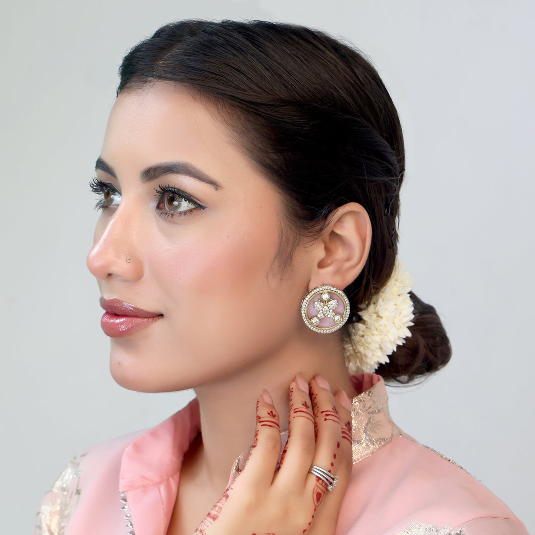 Enamel Floral Stud Earrings - Pink