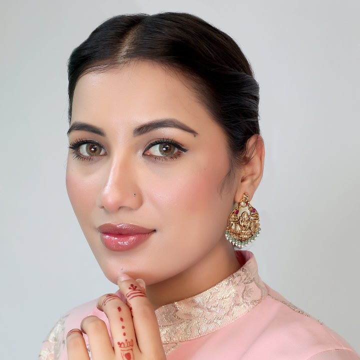 Temple Goddess Motif Earrings with Green Beads