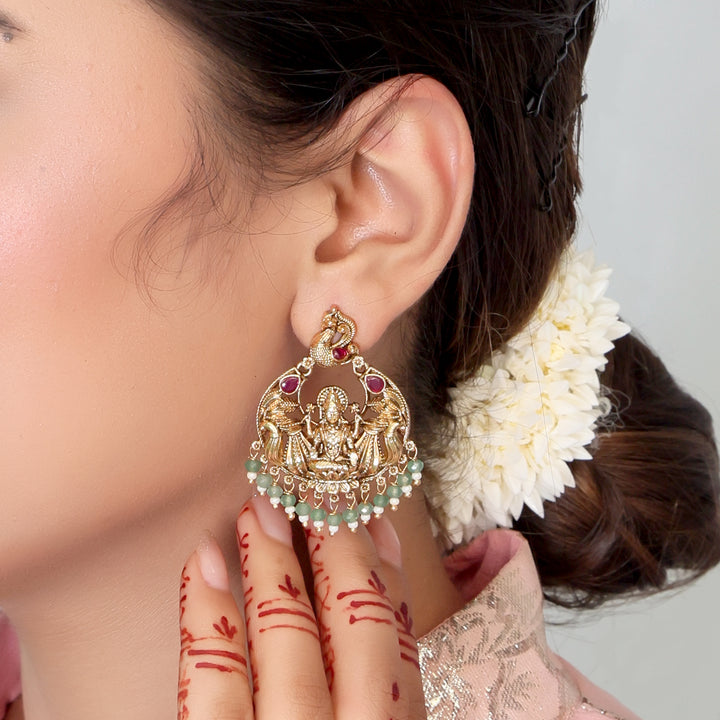 Temple Goddess Motif Earrings with Green Beads